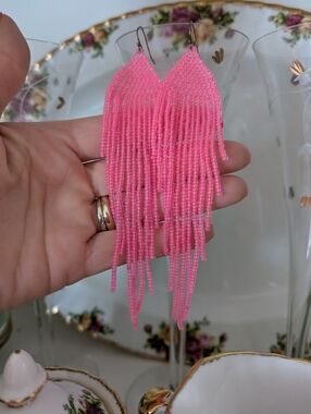 Handmade Boho Hot Pastel Pink Beaded Fringe Earrings Summer Festival